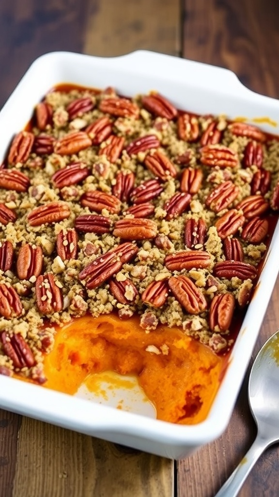 Sweet potato casserole in an 8x8 pan with a crunchy pecan topping, on a rustic table.